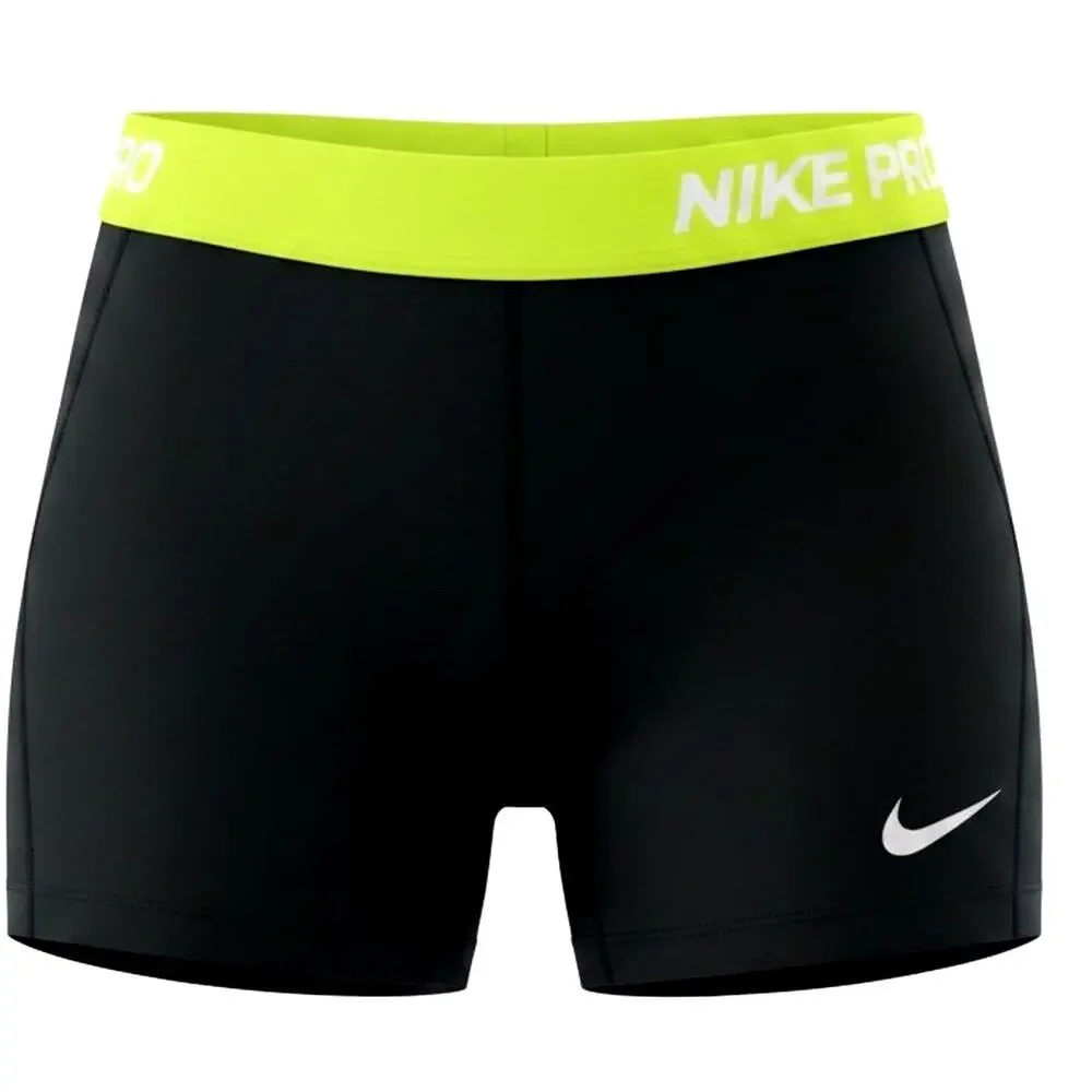 Nike Pro Dri Fit Women’s Mini Shorts Black MED Neon Yellow Waist Swoosh Logo 3”